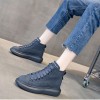 Korean Women Hidden High Heel Ankle Boots Extra High 7Cm / 2.8Inch Blue Lace-Up Hidden High Heel Combat Boot - Heightenshoes.com								