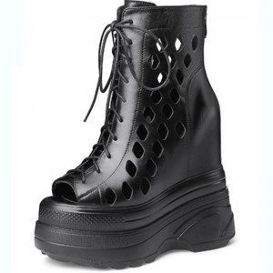 Hidden Wedge Heel Sandals Boots Get Taller 16cm / 6.3Inch Lace-Up Hidden Wedge Heel Hollow Out Shoes